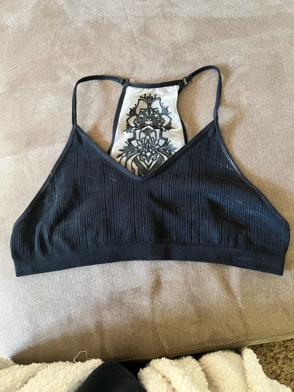 Three Bird Nest Black Ribbed Bralette with Lace Back. Med/large